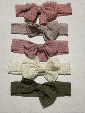 Soft Waffle Knit Baby Bow Headband Set Pink, Taupe, Dusty Rose, Cream & Olive
